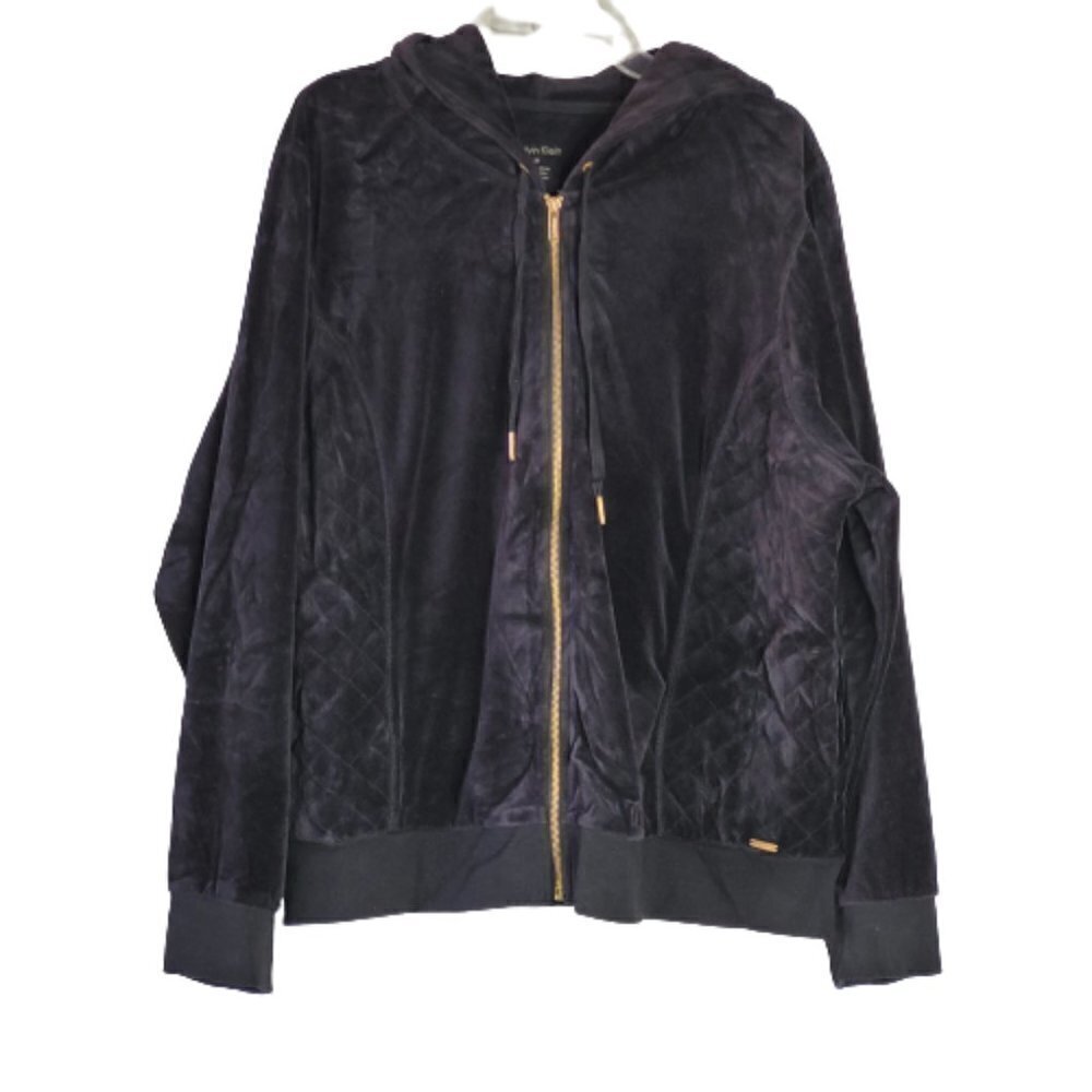 Calvin Klein Women's Black Quilted Velour Hoodie Zip Jacket Sz 2X